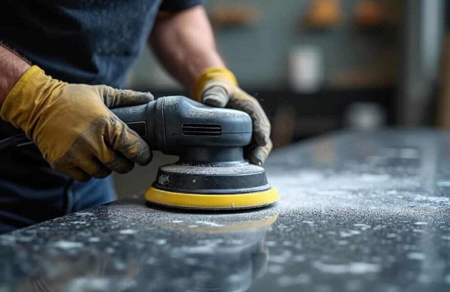 Osoba poleruje powierzchnię, co jest istotne przy renowacji parapetów.